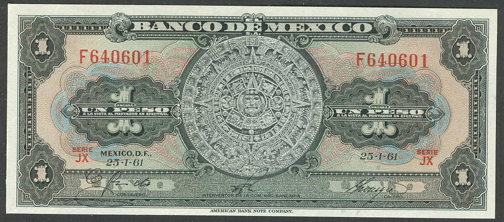 Mexico, P-59-G, One Peso, Aztec Calendar. Ch.CU